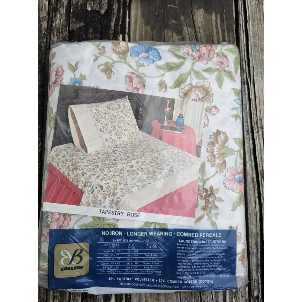 Vintage Bibb Double Full Fitted Flat 2 Pillow Sheet Set Tapestry Rose Floral New